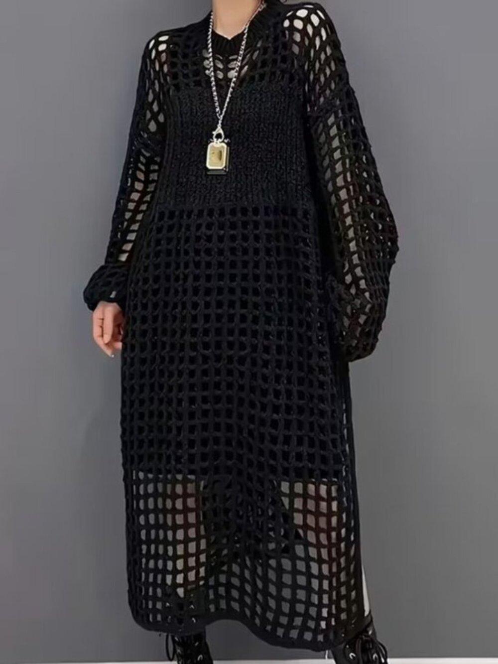 Open Knit Hollow Long Sweater Dress - Picture 5 of 5